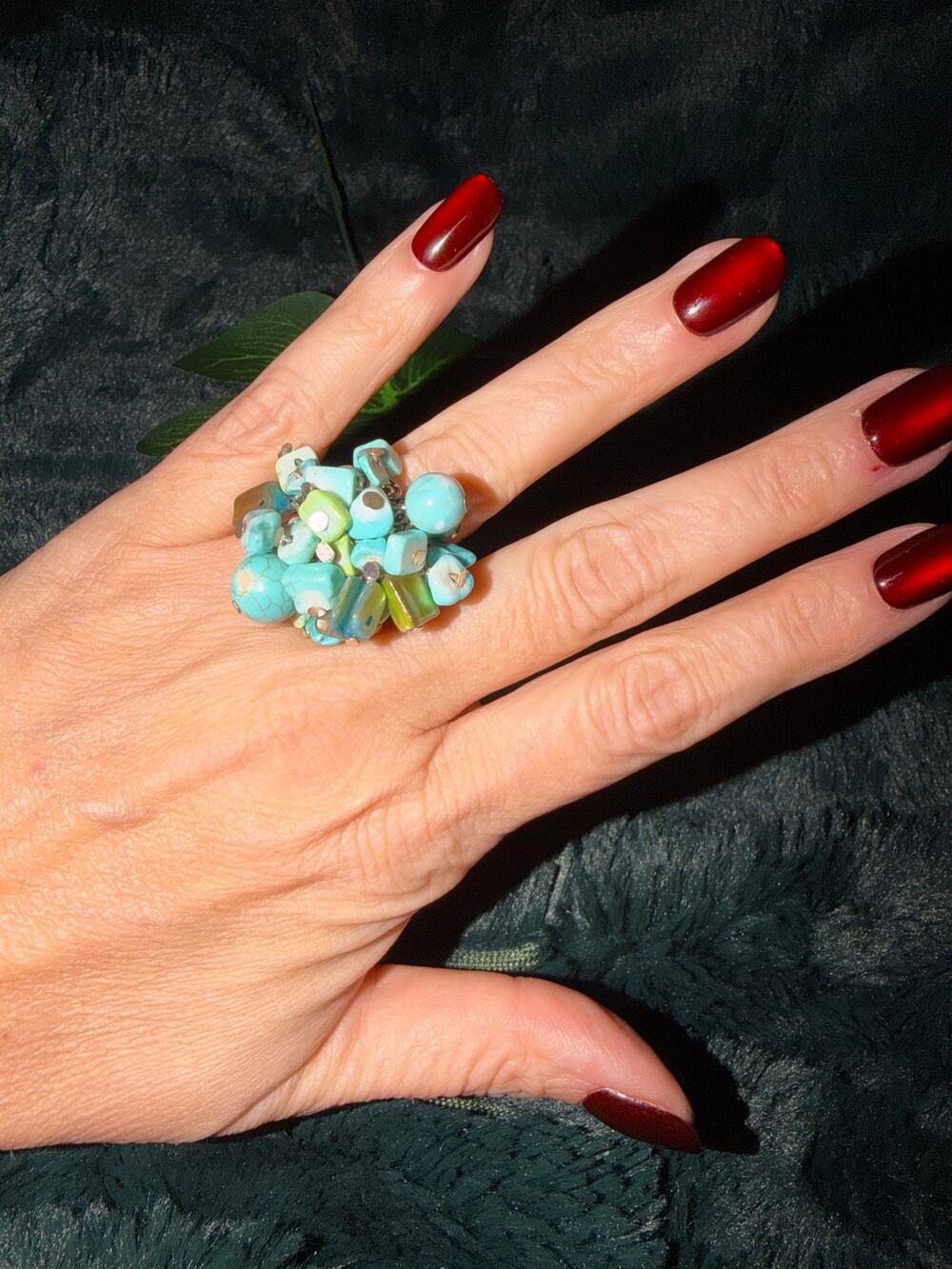 Turquoise Blue Shell Chip Cluster Stretch Statement Ring Boho